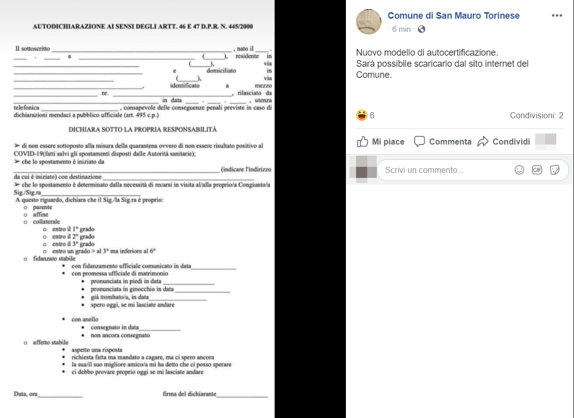 Nuova autocertificazione, il Comune pubblica quella “fake”