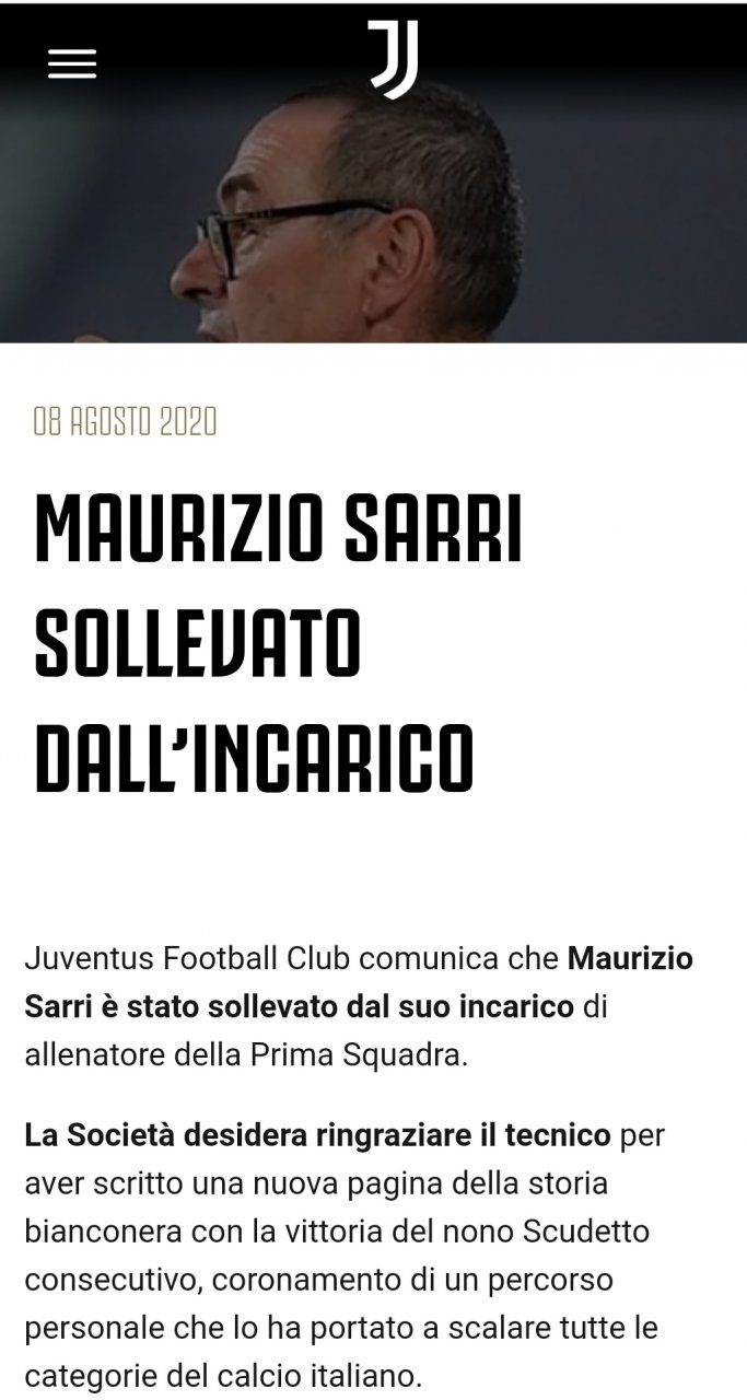 Sarri esonerato dalla Juventus dopo l’eliminazione in Champions