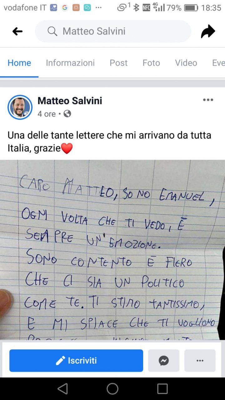La lettera di un bambino settimese a Matteo Salvini