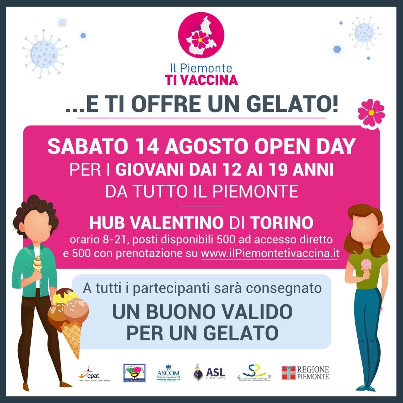 “Il Piemonte ti vaccina…e ti offre un gelato”. Sabato 14 agosto 2021 nuovo open day al Valentino