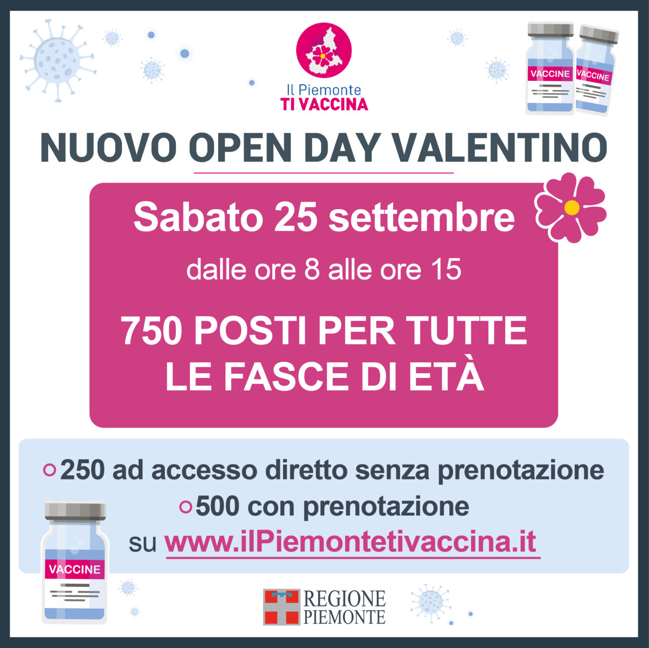 Lotta al Covid, sabato 25 settembre 2021 nuovo open day al Valentino