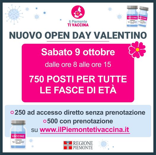 Lotta al Covid, sabato 9 ottobre 2021 nuovo Open day al Valentino