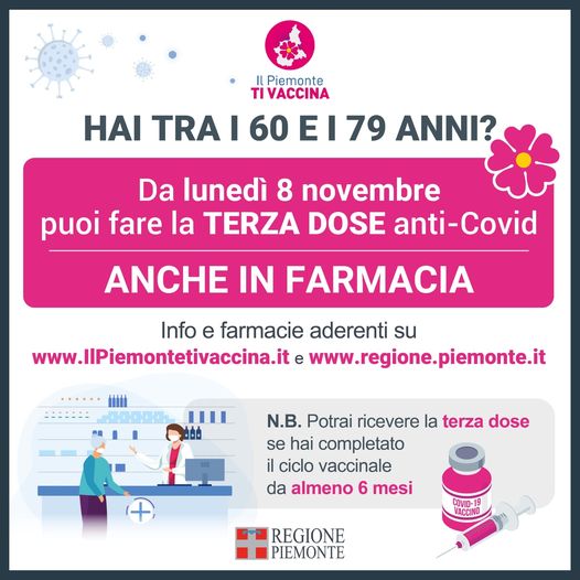 Da domani, lunedì 8 novembre 2021, sarà possibile effettuare le terze dosi anche in farmacia
