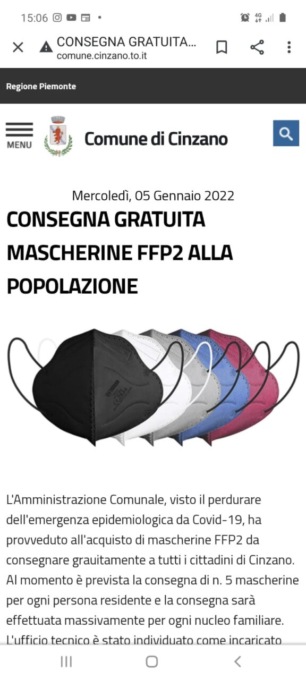 Cinzano, il Comune distribuisce gratuitamente 5 mascherine Ffp2 ad ogni residente
