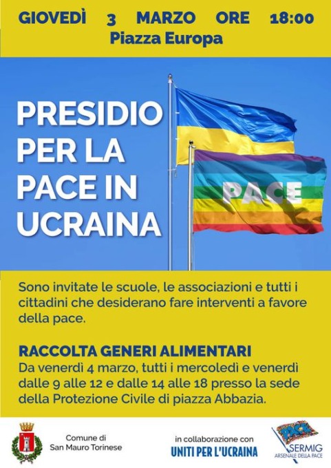 San Mauro, giovedì 3 marzo il presidio per la pace in piazza Europa