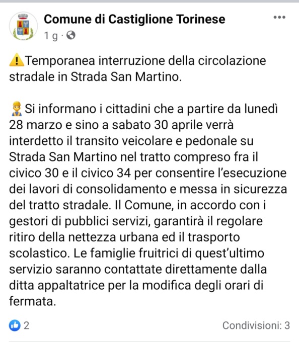 Castiglione, da lunedì 28 marzo 2022  al via i lavori in strada San Martino. Traffico interrotto dal civico 30 al 34