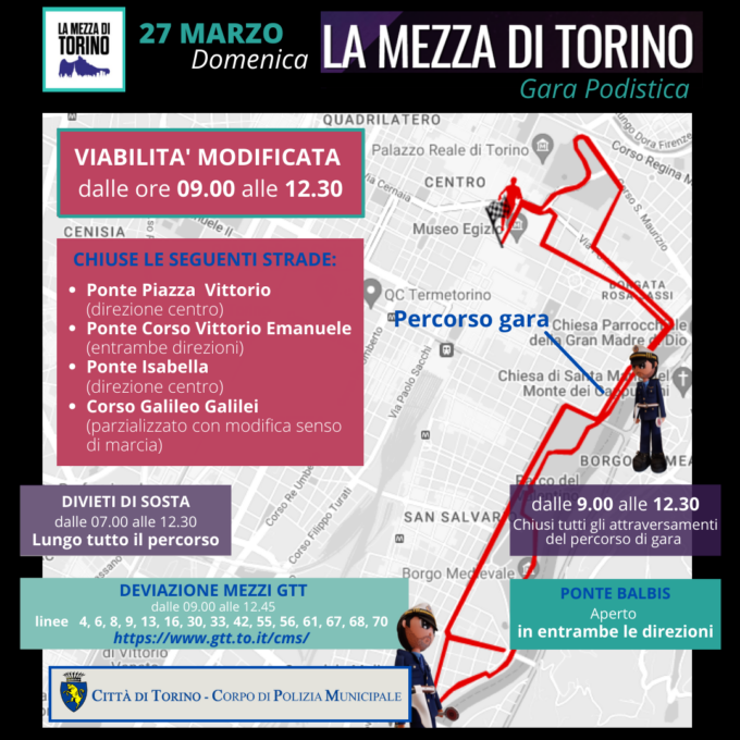 Domenica 27 marzo 2022 c’è la mezza maratona di Torino. Ecco tutte le modifiche alla viabilità