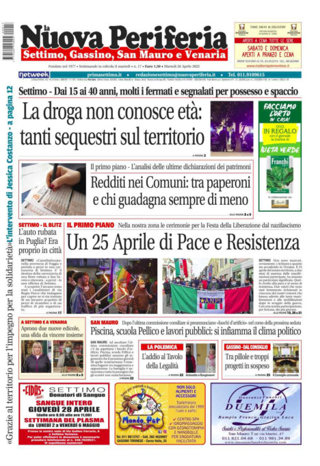 E’ in edicola da oggi, martedì 26 aprile 2022, il nuovo numero de La Nuova Periferia di Settimo