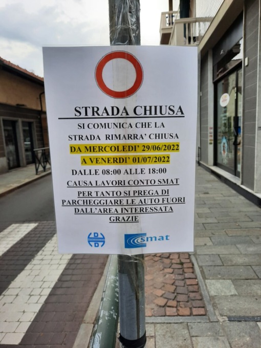 Settimo, via don Paviolo chiusa da domani, mercoledì 29 giugno 2022, a venerdì 1 luglio per lavori Smat
