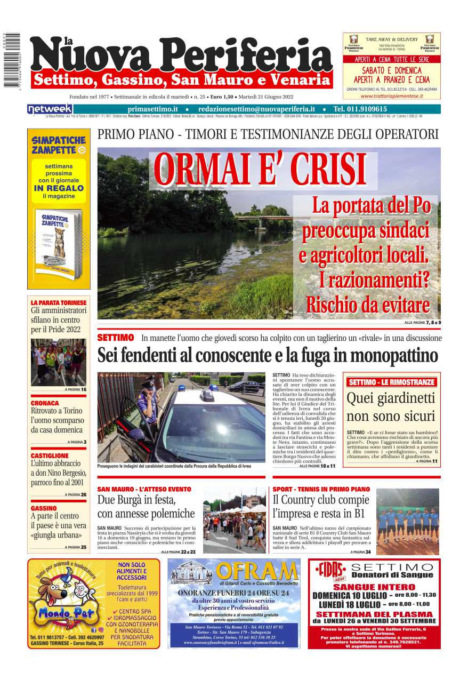 E’ in edicola  da oggi, martedì 21 giugno 2022, il nuovo numero de La Nuova Periferia di Settimo