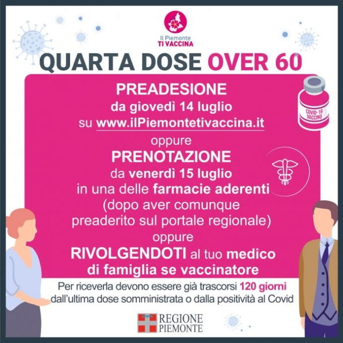 Quarta dose, da giovedì 14 luglio 2022 le preadesioni per gli over 60