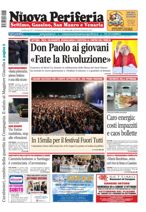 E’ in edicola da oggi, martedì 6 settembre 2022, il nuovo numero de La Nuova Periferia di Settimo