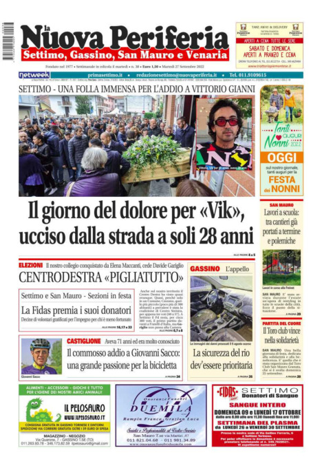 E’ in edicola da oggi, martedì 27 settembre 2022, il nuovo numero de La Nuova Periferia di Settimo