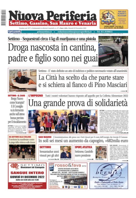 E’ in edicola da oggi, martedì 29 novembre 2022,  il nuovo numero de La Nuova Periferia di Settimo