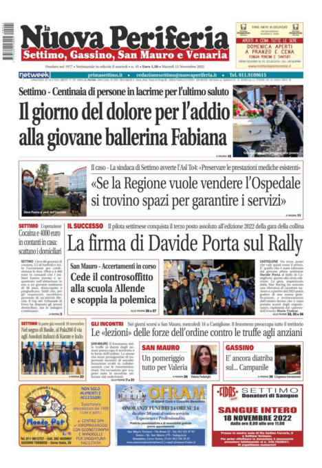 E’ in edicola da oggi, martedì 15 novembre 2022, il nuovo numero de La Nuova Periferia di Settimo