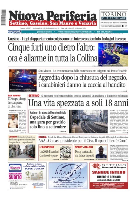 E’ in edicola da oggi, martedì 10 gennaio 2023, il nuovo numero de La Nuova Periferia di Settimo