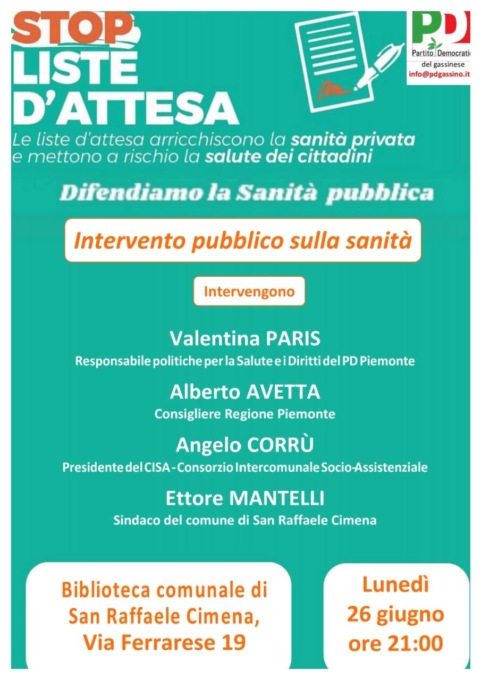 “Difendiamo la sanità pubblica”, lunedì  26 giugno il Pd ne discute a San Raffaele Cimena