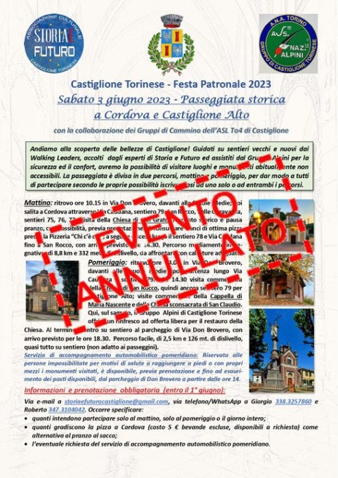 Previsioni meteo troppo incerte: annullata la passeggiata storica a Cordova e Castiglione Alto di sabato 3 giugno 2023