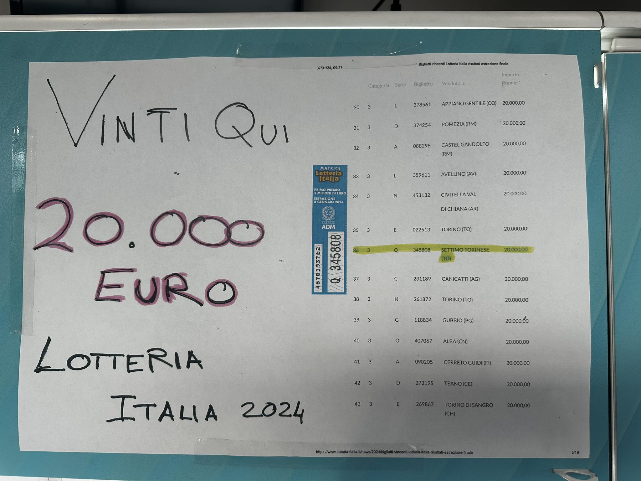 Biglietti vincenti terza categoria (20mila euro) Lotteria Italia 2024