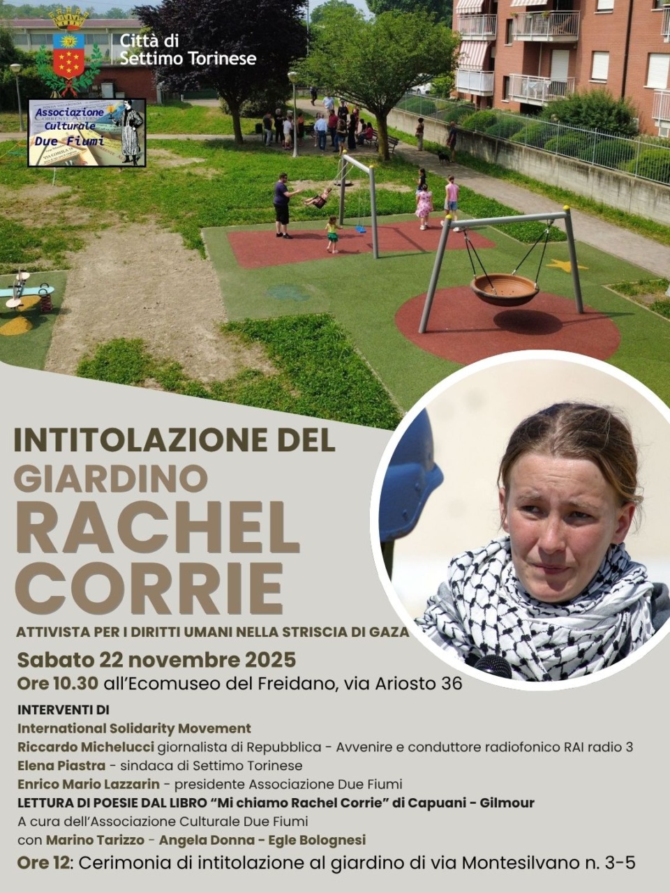 Settimo Torinese intitola un giardino all’attivista Rachel Corrie uccisa a Gaza