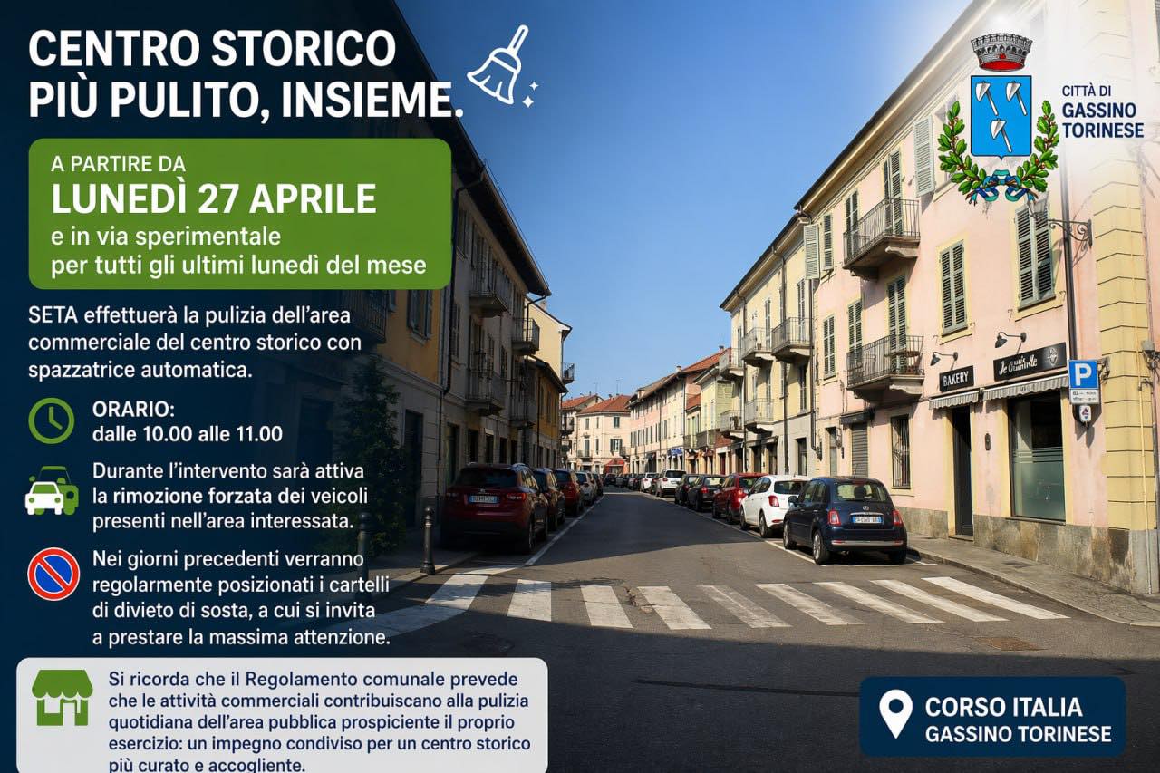 Gassino Torinese, al via la pulizia mensile del centro storico con spazzatrice