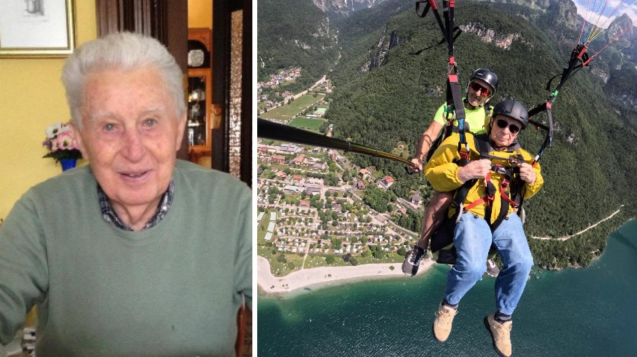 Il partigiano “Fulmine” a 98 anni in volo col parapendio sul lago Molveno