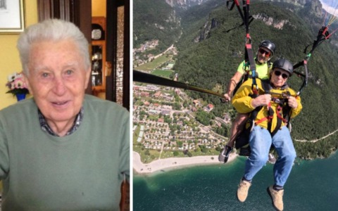 Il partigiano “Fulmine” a 98 anni in volo col parapendio sul lago Molveno